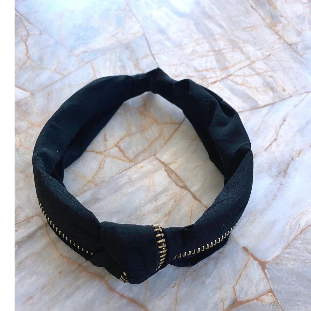 Black Knotted Headband Gold Zipper Trim Edgy Turban Style Hair Accessory